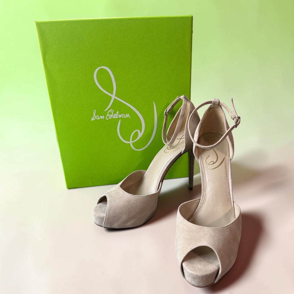 Sam Edelman Oatmeal Suede Peep Toe Platform Ankle Strap Stiletto Heels 6.5